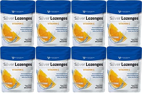 Silver Lozenges with Vitamin C - Premium Nano Silver 60 PPM Colloidal Silver, Organic Honey and Vitamin C Mineral Supplement Drops to Support Immune System, Soothe Cough & Throat - Pack of 8