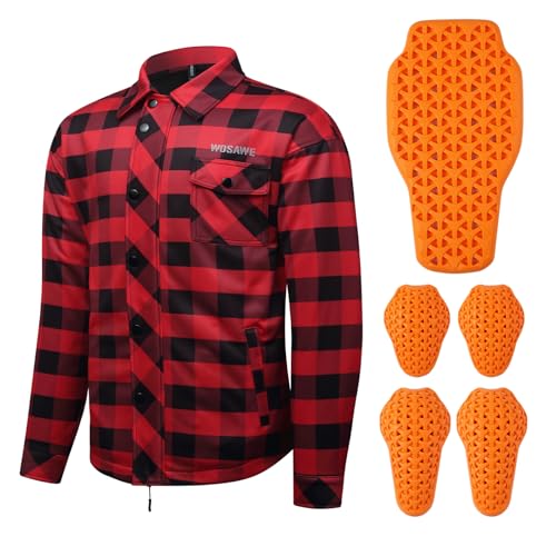 WOSAWE Veste de Moto Hiver pour Homme & Femme, Chemises de Polaire Plaid avec Armure CE Amovible (Rouge, L)