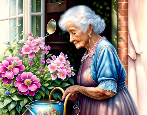 Poster fleur carte arrosoir vieille femme grand format 58x90 cm