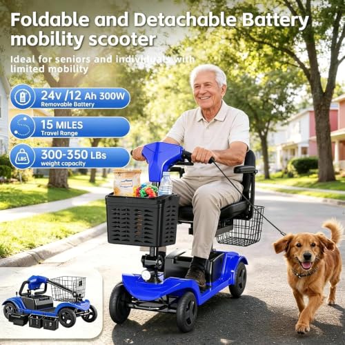 Image of Mobility Scooter,Removable Battery,Suitable for All Terrains-Blue | 28 Miles Travel,300 lbs Capacity,Quick-Assembly, Features Rotating Seat,300W Motor,Dual Baskets and Rear Tail Lights