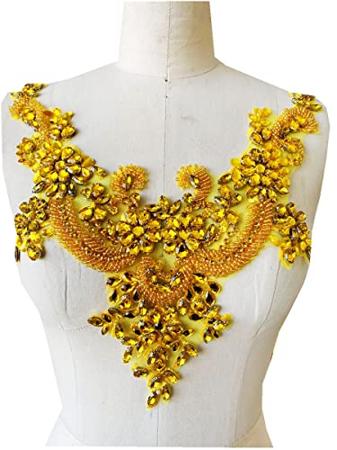 Handmade Rhinestones lace Applique handsewing Beads Trim Patches Neckline for Dress Clothes Accessory (Yellow)