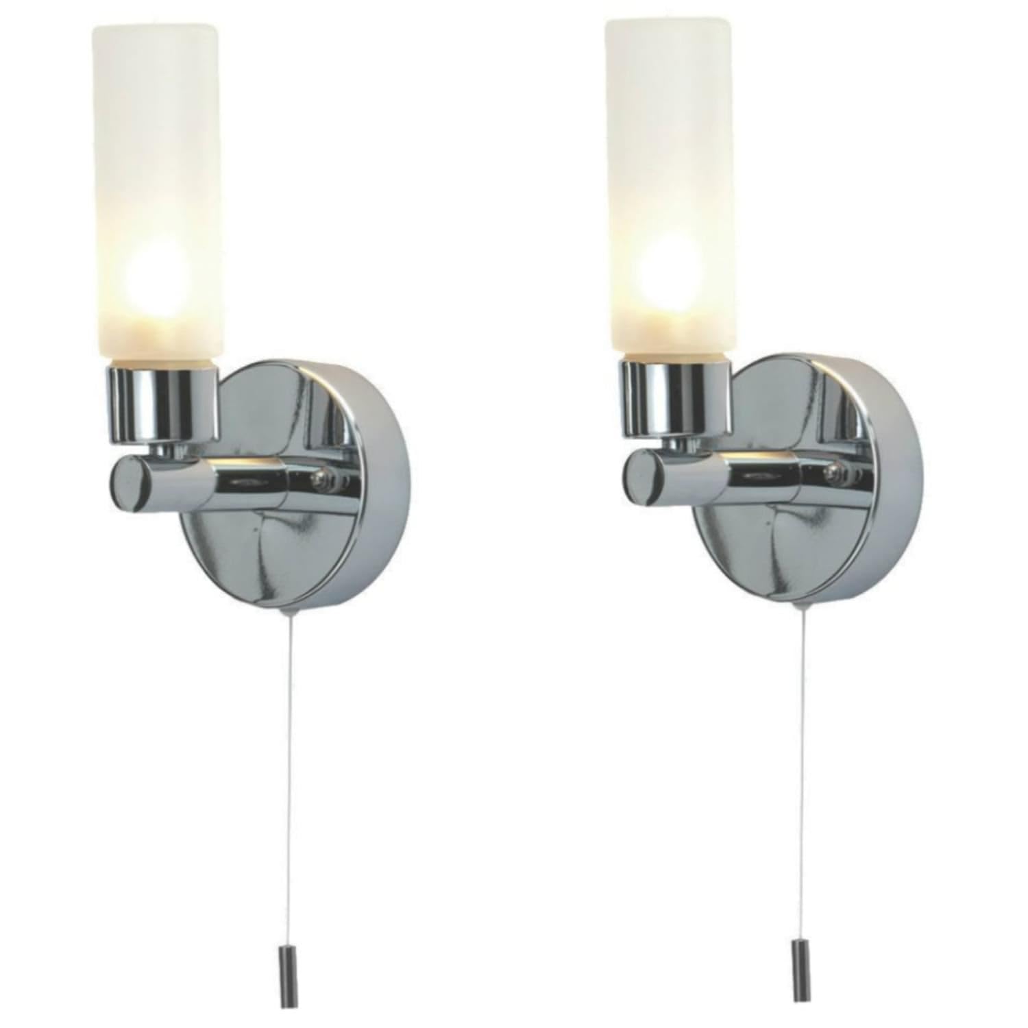 Set of 2 Polished Chrome IP44 Bathroom Wall Light Pull Cord Switch
