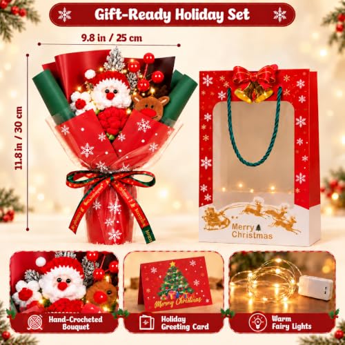 Image of Christmas Crochet Flower Bouquet with Santa & Reindeer, Handmade Xmas Gift