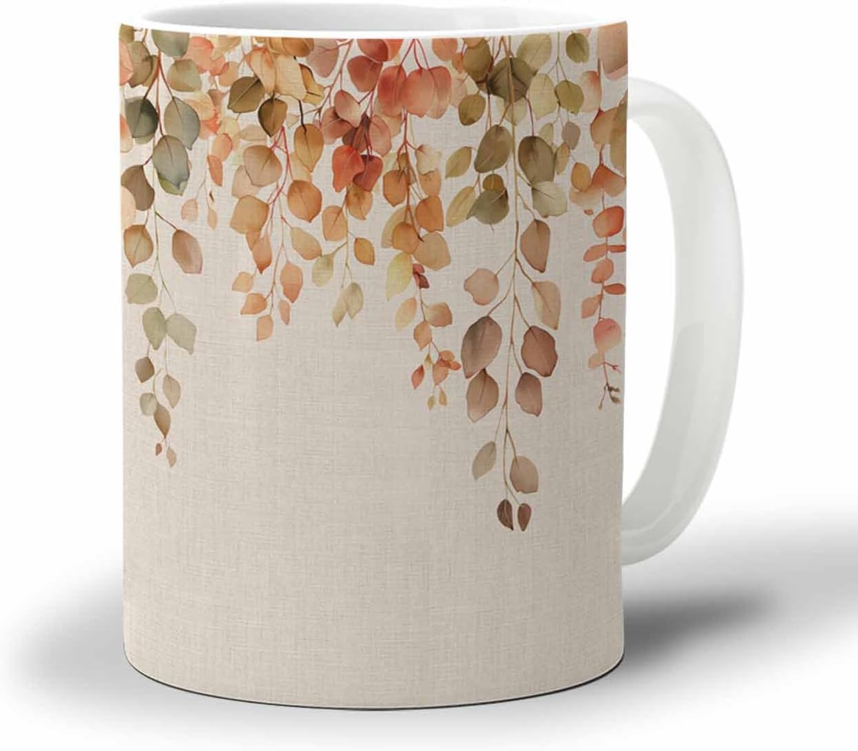 BEMIGO Ceramic Coffee Mug Fall Eucalyptus Leaf Ceramic Mug White Cup, Happy Thanksgiving Insulated Coffee Cup with Handle with Pattern Perfect for Tea and Hot Beverages, 12oz