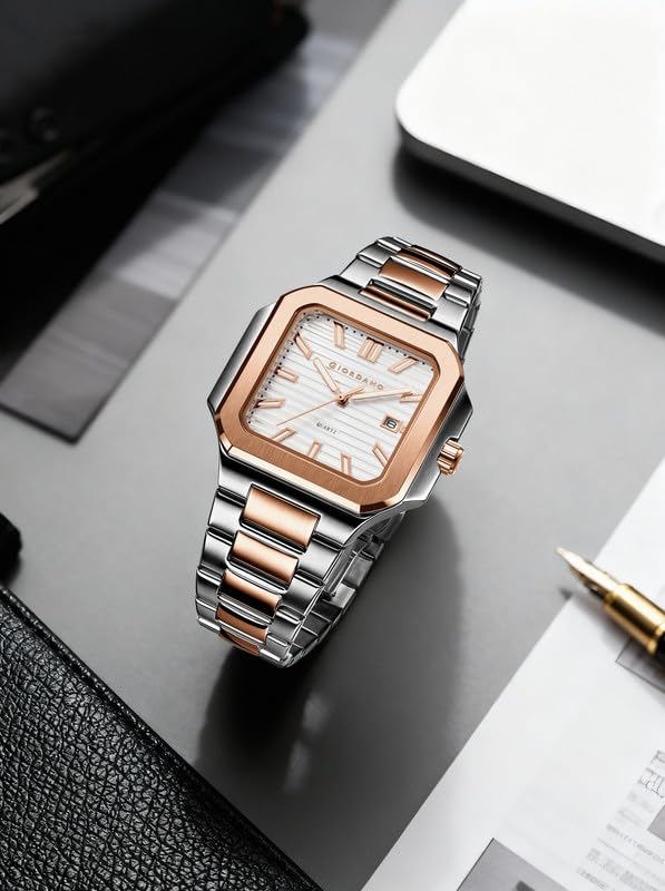 Image of Giordano Square Formal Watch for Men - Textured Dial,Day & Date Display and Stylish Stainless Steel Strap