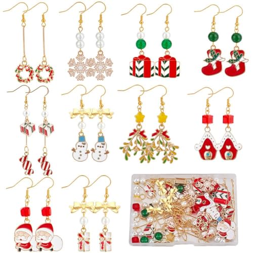 SUNNYCLUE 1 Box DIY 10 works Christmas Charms Enamel Snowflake Charms Earrings Making Starter Kit Snowman Charm Santa Claus Christmas Socks Charms Star Bead Red Green Beads for jewellery Making Kits