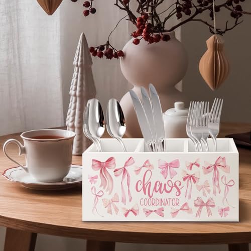 Image of Thank You Appreciation Gifts for Women Boss Coworker Manager Nurse Employee Social Workers Wooden Pen Pencil Holder,Coquette Pink Bow Chaos Coordinator Makeup Brush Toothbrush Holder Organizer