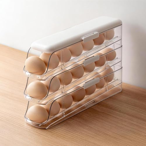 PAVSTINE 3-Tier Auto Rolling Egg Holder with Lid for Fridge, Stackable Clear Egg Dispenser, Large Capacity Refrigerator Storage Organizer