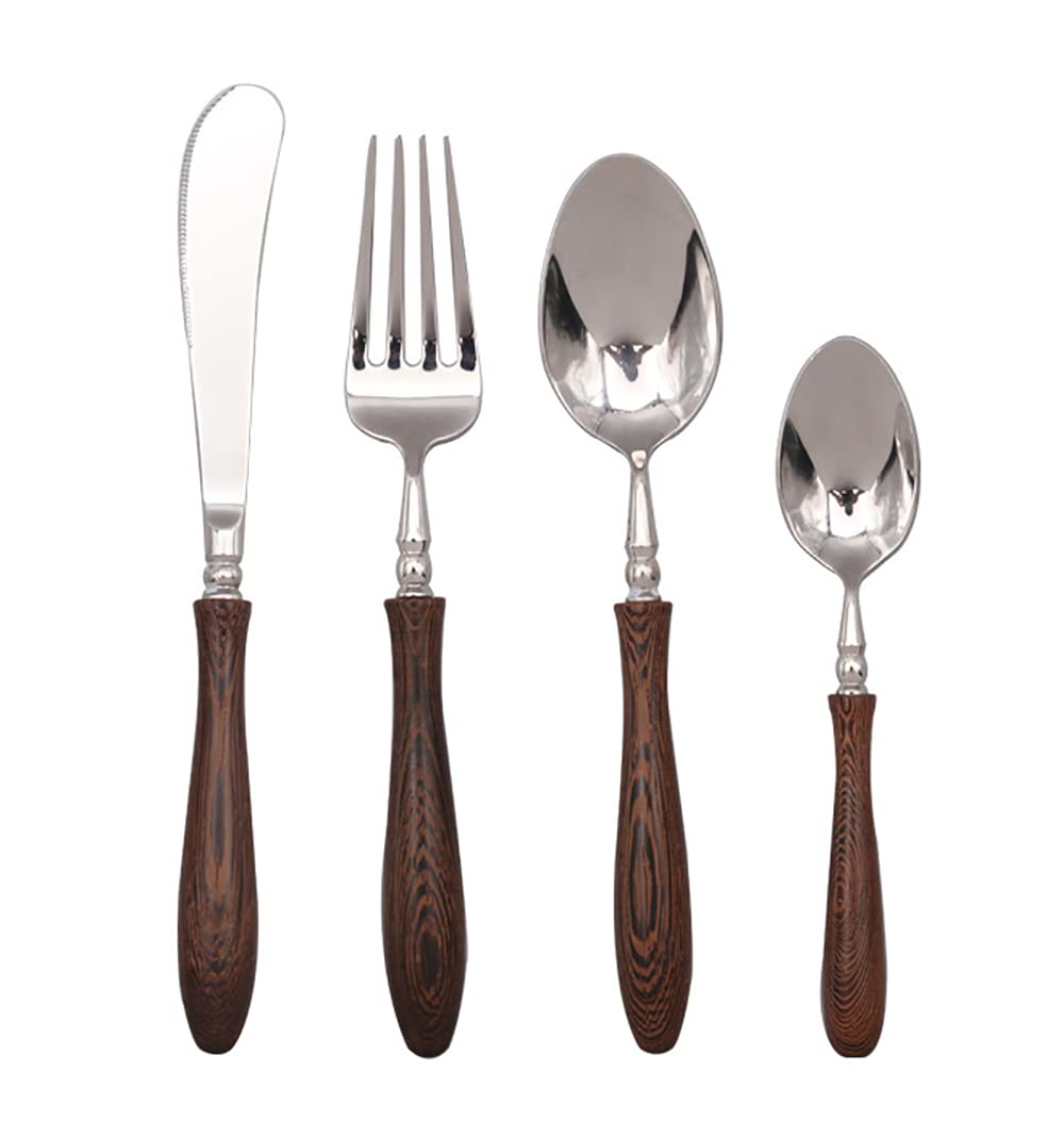 Juego de Cubiertos de 48 Piezas con Cubiertos Negros para 12 Personas Utensilios de Acero Inoxidable con Mangos de Madera y Soporte de Metal Acabado Pulido Espejo