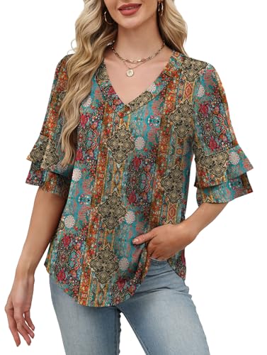 Image of OFEEFAN Spring Tops for Women Boho Shirts Fashion Clothing Cute 3 /4 Length Sleeve Blouses Dressy Casual Summer Outfits