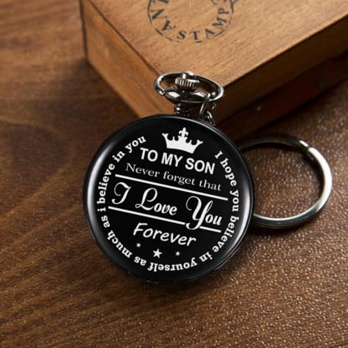 Image of Vintage Gandhi Style Pocket Watch with Engraved Designs & Messages Royal Black Analog for Men Women & Kids Includes Key Ring for car or Bike Keys Ideal Gift