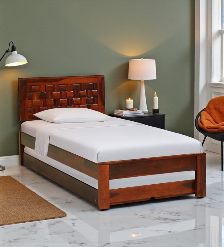 Image of Solid Sheesham Wood Woodora Single Size Trundle Bed with 1 Extra Pullout Bed | Wooden Single Bed Cot Palang Furniture for Bedroom Living Room Home and Hotel (Honey Oak Finish)