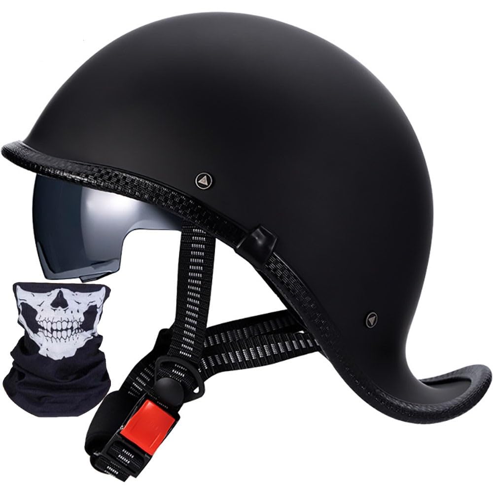 Half Face Motorcycle Helmet with Drop-Down Sun Visor Beanie Helmets, Vintage Leather Motorcycle Retro Half Helmet DOT Approved Motorbike for Scooter Bike Cruiser ATV Men Women