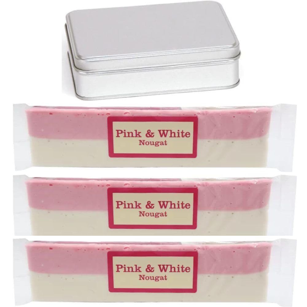 ?? Elegant Pink and White Nougat Trio - 3-Pack of 130g Bars in Reusable Metal Tin - Delight in Every Soft and Chewy Bite! ??