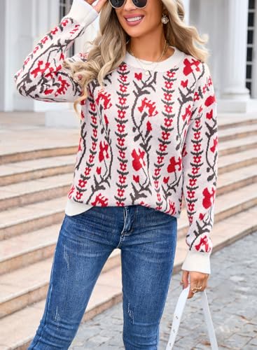 chouyatou Women's Cute Y2K Floral Print Pullover Sweater Fall Casual Crewneck Ribbed Knit Jumper Tops3