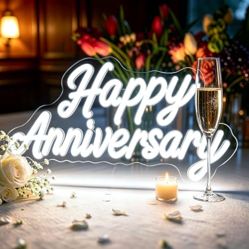 Image of Happy Anniversary Neon Sign - 15.75 inch Dimmable LED Wall Decor Light, USB Romantic Gift for Couples,Business Celebrate Banner,Party Wedding Anniversary Decorations White