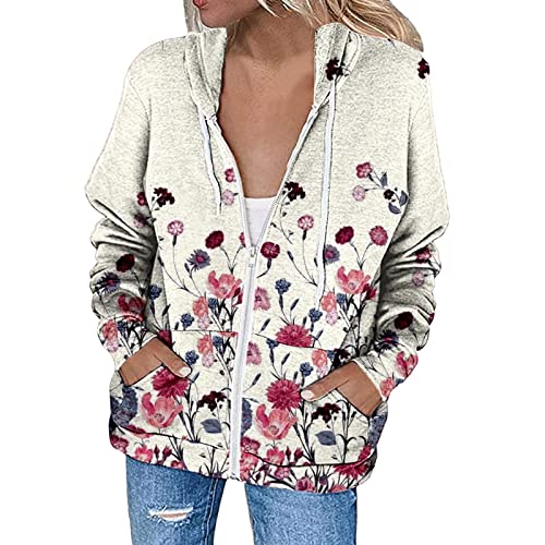 Kapuzenjacke Damen Freizeitjacke Lose Reißverschluss Kapuze Kordelzug Jacke Blumendruck Einfarbig Tasche Reißverschluss Sweatshirt Jacke Mantel Damen Mit Winter Sportjacken Sportswear Sweatjacke Cover