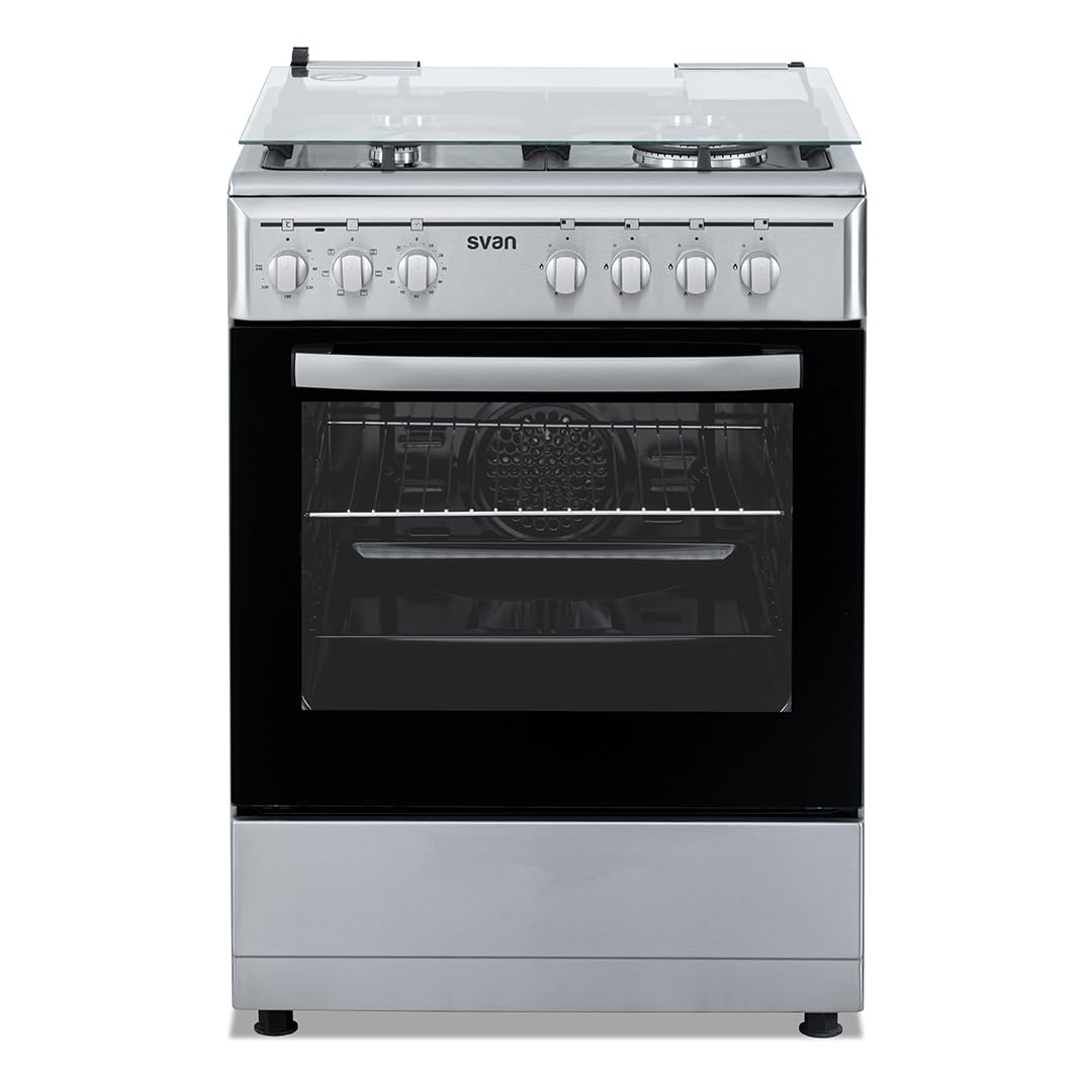 Svan Cocina Mixta Gas Butano, 4 Zonas de Cocción, Horno 56 L, Inox, SKMW4601X. Control Manual, Quemador WOK Triple Llama, 6 Programas de Cocción, Compartimento Bombona, Cristal en Puerta Doble Capa, T