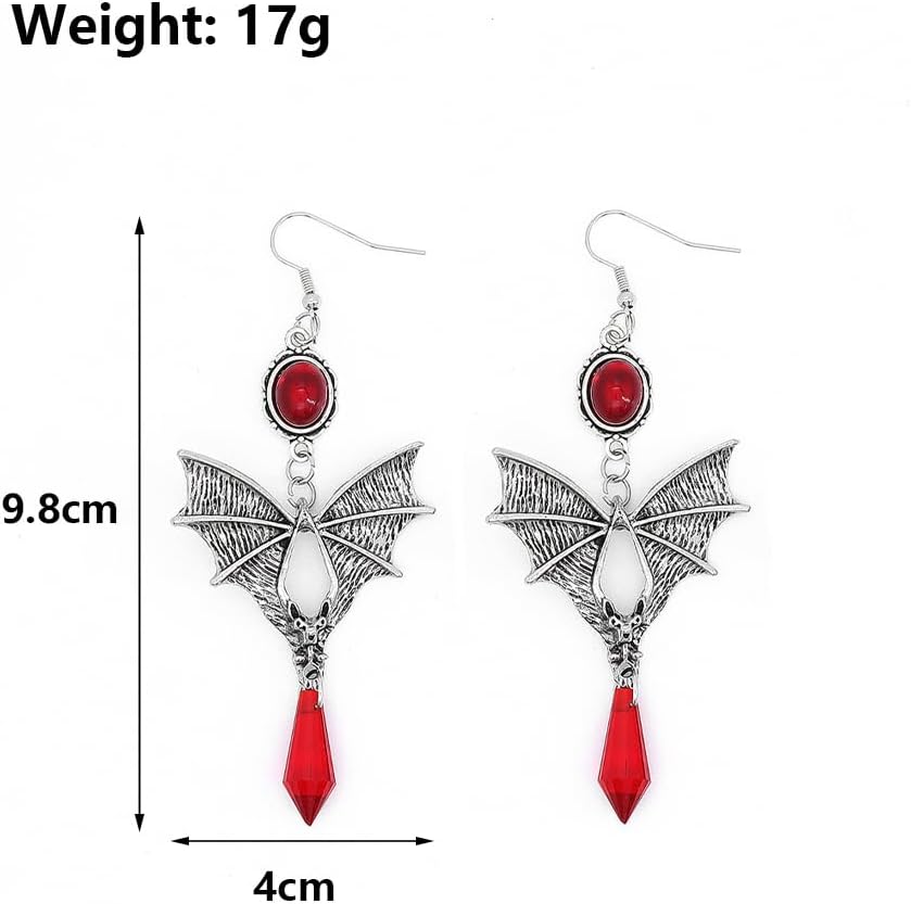Gothic Black Bat Vampire Dangle Earrings with Red Crystal Gems - Punk Animal Earrings for Halloween Costumes & Women - Image 2
