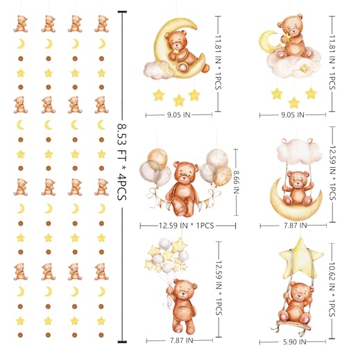 Image of Teddy Bear Party Decorations Cream Tan Brown Boho Star Moon Bear Hanging Cutout Garland Streamer for We Can Bearly Wait Birthday Party Supplies Home Wall Ceiling Decor