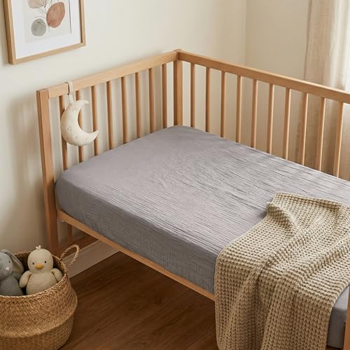 Image of Pro Goleem 2 Pack Muslin Crib Sheets for Boys and Girls, Soft Breathable Neutral Fitted Cotton Baby Bed Sheets Set for Standard Crib Mattress & Toddler Mattress 52 inchx28 inch, (Grey&Green)