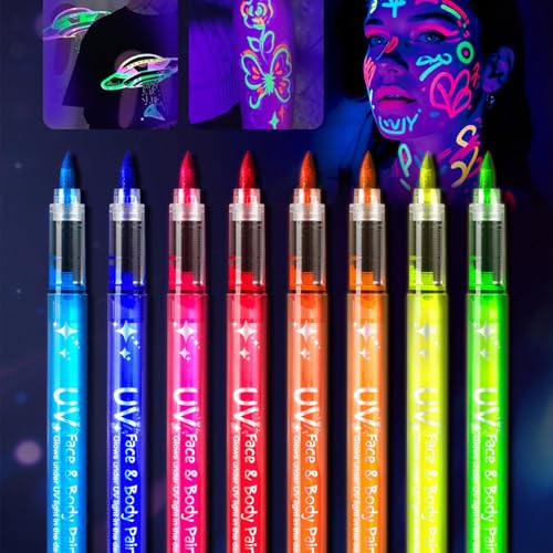 Glow in the Dark Face Paint Kit 8 PCS UV Neon Face Paint Pens & Temporary Tattoo Markers Washable Festival Makeup Set for Kids & Adults Waterproof Body Paint for Halloween & Party Looks