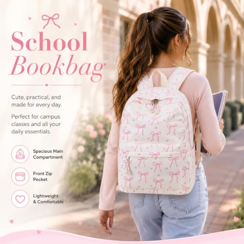 Image of LOIDOU Backpack for Teen Girls Bookbags School Backpack with Lunch Box 2 in 1 School Bags Set (Bow Tie Beige)