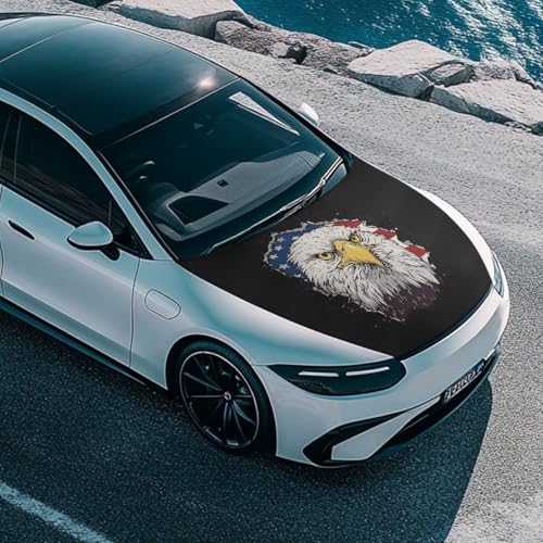 Image of Car Hood Cover Protector 59x39 inches Stretchable Car Hood Flag Removable Automotive Accessories Fabric Eagle and American Flag Print Hood Cover All-Season Protection for Cars