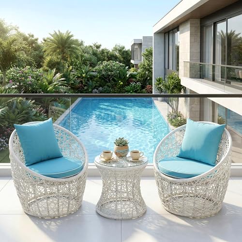 Image of OUTLIVING Outdoor Two Seater Rattan & Wicker Conversation Mudda Set | UV & Water Resistant Patio & Garden Furniture Set with 4 Cushion, 2 Chairs & Center Table with Glass Top| White & Blue