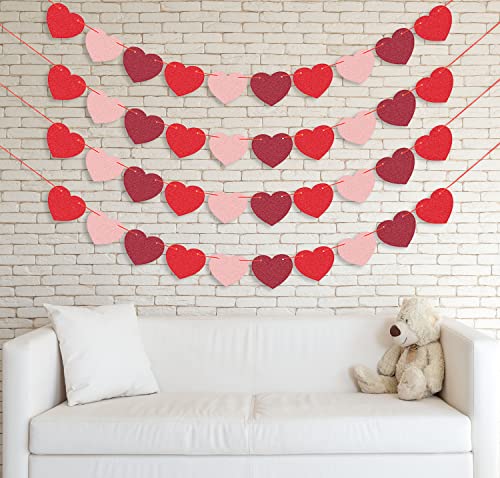 Jozon 4 Pack Felt Heart Valentine’s Day Garland Banner Valentines Day Heart Decorations For Anniversary Wedding Engagement Party Home Office Wall Decorations Supplies (Red, Pink And Dark Red Color) #TOP6