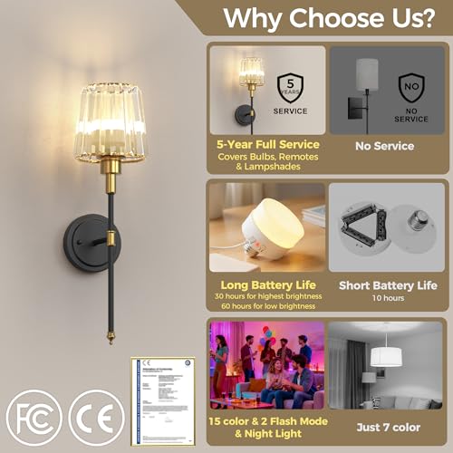 Image of DORESshop Battery Operated Wall Sconce Set of 2, Wireless Wall Light, 15 Color Rechargeable Wall Sconces, Sconce Wall Decor Set of 2 for Bedroom, Living Room, Gold and Black Crystal, 24.6in