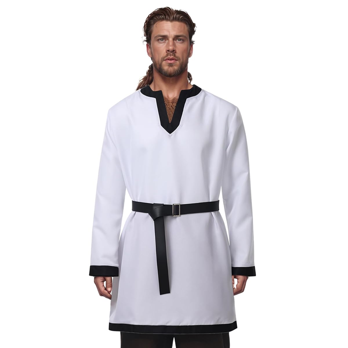 BPURB Men's Medieval Knight Tunic, Viking Warrior Long-Sleeve Shirts with Belt, Pirate LARP Cosplay Costume