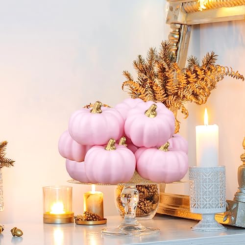 Image of Artmag Artificial Pumpkins Bulk 12Pcs Assorted Sizes Harvest Lifelike Pumpkin Fake Foam Pumpkin for Fall Autumn Halloween Home Party Thanksgiving Party Holiday Decor Pink