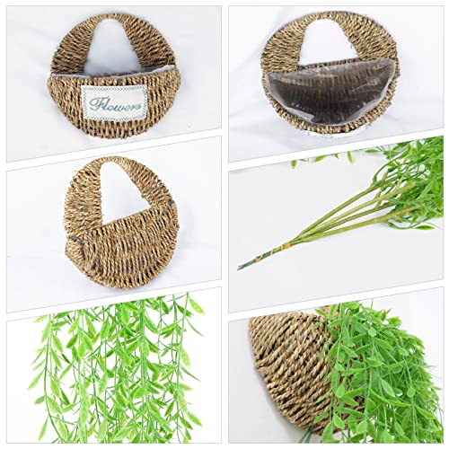 Elecxlink 2 Packs Artificial Hanging Plants With Woven Straw Flower Basket, Fake Ivy Vine Plastic Greenery For Wall Home Living Room Kitchen Office Patio Indoor Outdoor Decor (Green) #TOP3