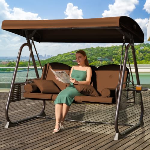 Image of 3 in 1 Outdoor Porch Swing with Adjustable Canopy, 3 Seat Outdoor Swing for Adults, Patio Swing Chair with Thickened Cushions,Pillows & Cup Holders for Backyard, Porch, Garden (Brown)