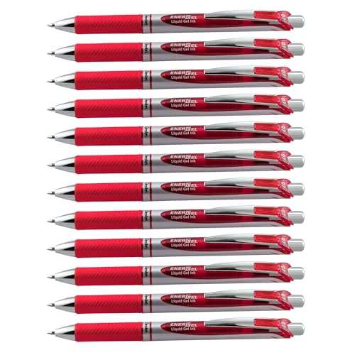 Stylo gel Pentel EnerGel RTX rouge roller rechargeable avec corps métal argenté BL77-B