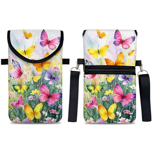 Image of Neoprene Cell Phone Sleeve Pouch Case Bag with Crossbody Strap Neck Lanyard for Women 7.5 X 4.3 in Flower Butterfly