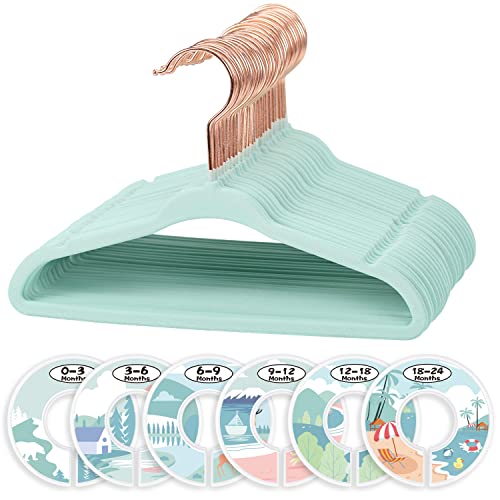Image of Rose Gold Hook Velvet Baby Hangers, 30 Pcs & 6 Closet Organizer Dividers, Non-Slip, Green
