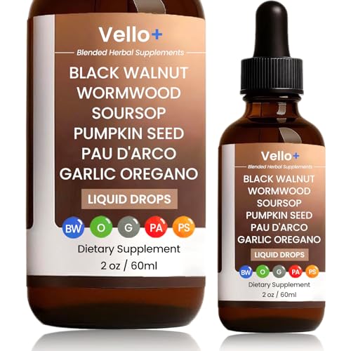 Vello Black Walnut Wormwood Cleanse, with Black Walnut Wormwood Soursop Pumpkin Seed PAU D'arco Garlic &Oregano - 2 OZ (1)