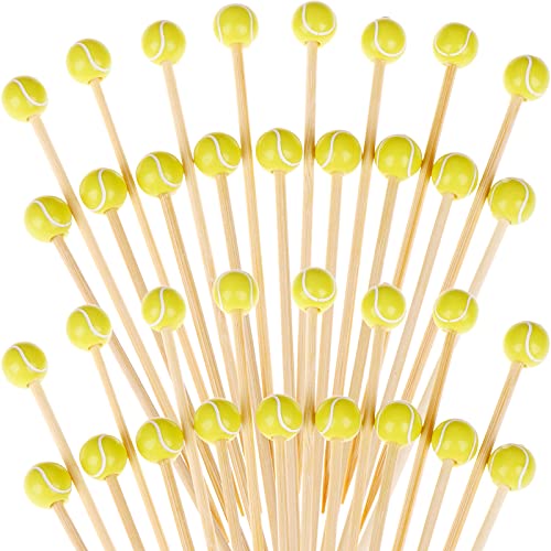 100 pieces bamboo cocktail picks 4.7 inch fruit toothpicks sports ball end cocktail skewers wooden decorative cocktail picks for appertizes, fruit, food, sport party favors (Tennis)