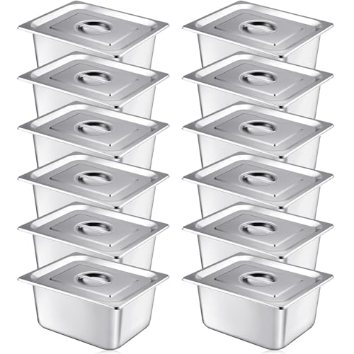 Image of Mifoci 12 Pack Stainless Steam Hotel Pan with Lid, 1 /2 Size X 6 Inch Deep Steam Table Pan Restaurant Supplies Reusable Anti Rust Steam Pan Water Pan for Home, Party, Restaurant, Hotel, Buffet