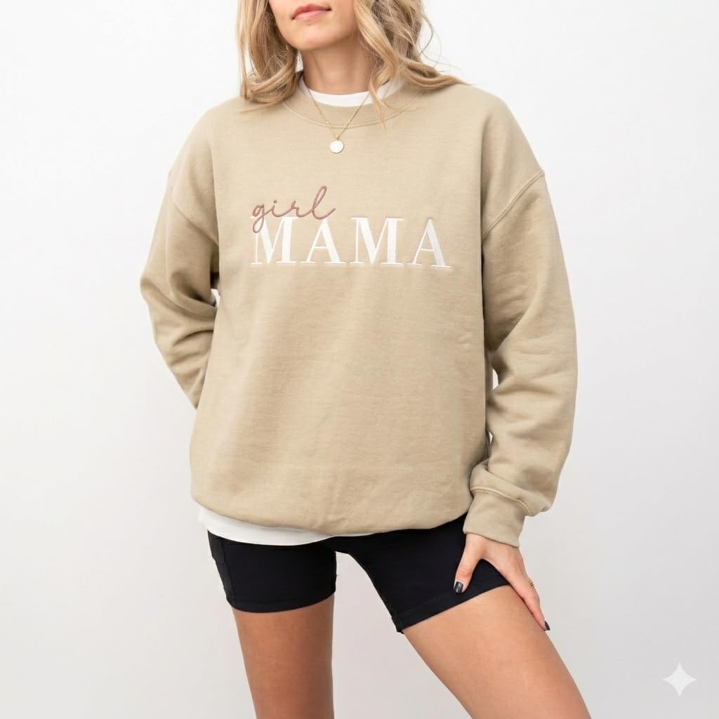 Girl Mama Embroidered Sweatshirt for Women, Cute Mom Crewneck Pullover – Gift for Girl Mom, Mother’s Day