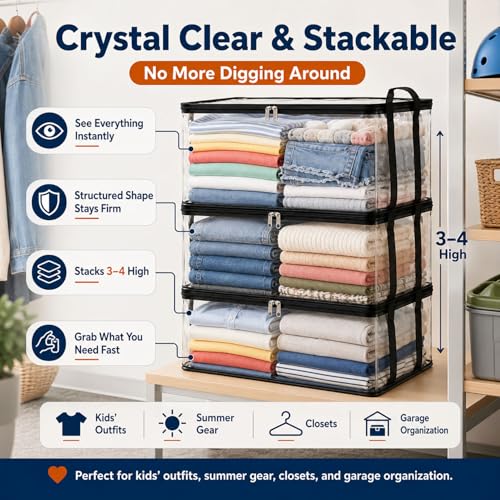 Cemssitu Large Clear Clothes Storage Bag with Zipper Lid and Handles, Stackable Foldable Storage Bin Tote for Blankets, Clothes, Moving, College Dorm and Home Organization (Black,2pcs) – vue 4