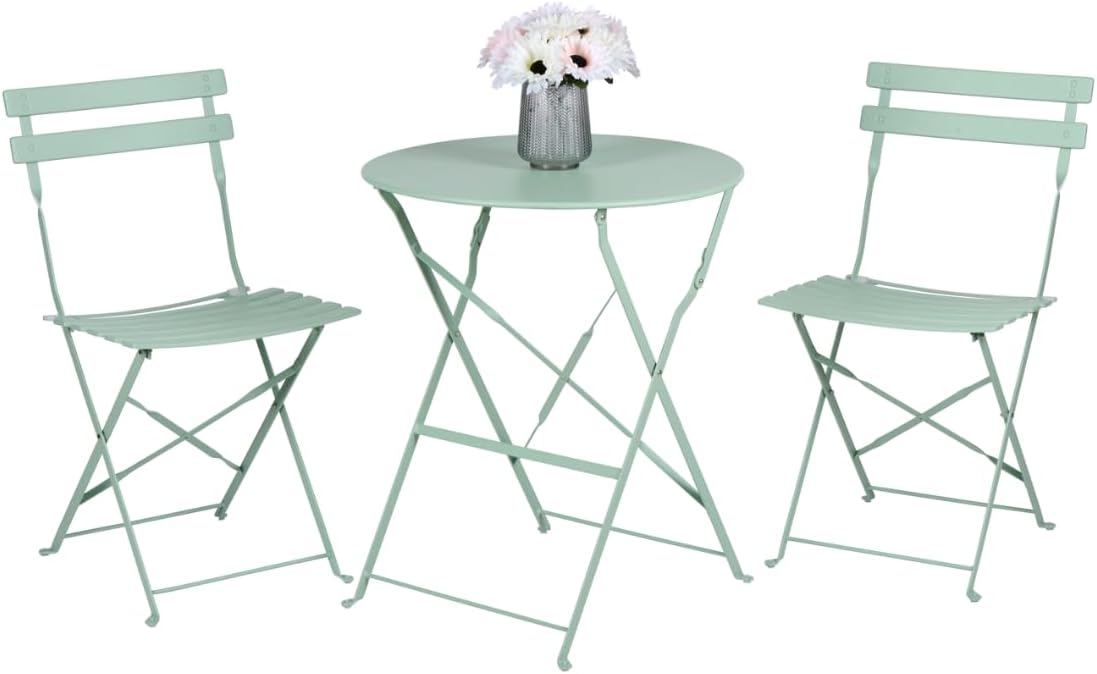Juego de Bistro de 3 Piezas Verde - Juego de Muebles de jardín Plegables de Metal para balcón o terraza - Mesa Redonda con 2 Sillas