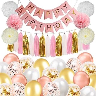 Kiero Rose Gold, White, Pink and Gold Birthday Party Decoration Set Including Confetti and Latex Balloons, Paper Flowers, Tassel Garland Banner, Happy Birthday Bunting