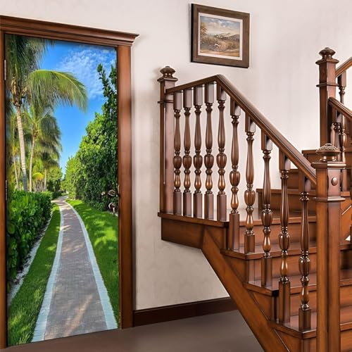 Pegatinas para Puertas de Paisaje Tropical Door Stickers 3D Adhesivo Vinilo Pegatina Puerta Palmera Murales Póster Decorativas de Pared Mural Papel Pintado 70x200 cm a/1846