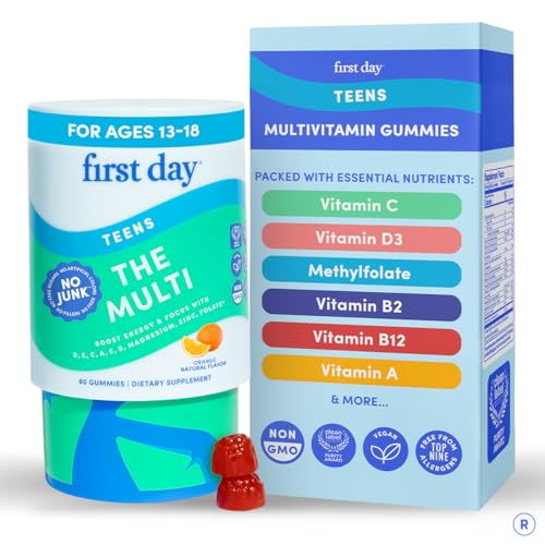 FIRST DAY Vitamins for Teens - Teen Multi Vitamins for Girls & Boys 12-17, Organic Fruit & Veggie Blend - 12 Key Nutrients: Vitamins A, B1, B2, B6, B9, B12, C, D3, E, K2-30 Day Supply