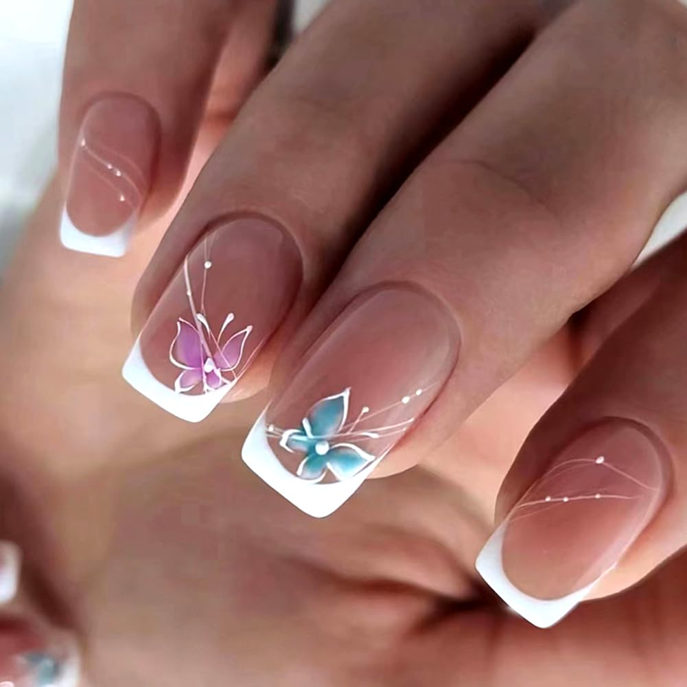 Hrnsnails Nails Press on, White French Tip Press On Nails Medium Square Fake Nails with Flower Spring Summer Nails Design, Acrylic Artificial False