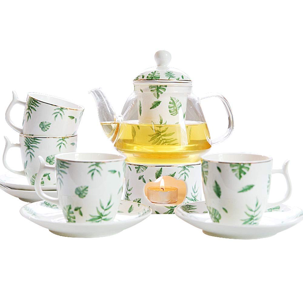 XINGYU Zestawy do herbaty europejska popołudniowa herbata kubki i spodki z podgrzewaczem świec porcelanowy kwiat zestaw do herbaty do domu (kolor: Zielony, rozmiar: 10 szt.)