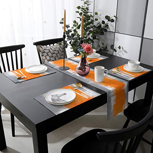 Labluux Table Runner With 6 Place Mats, Orange And Grey Abstract Art Texute Cotton-Linen Dining Mat Sets Heat Resistant Washable Placemat For Dining Table/Kitchen/Living Room/Office/Picnic 13X70 Inch thumb #1
